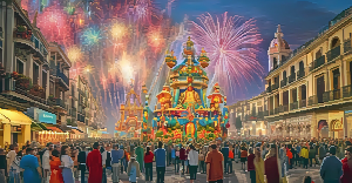 A lively street in Valencia during the Las Fallas festival, featuring large, colorful sculptures and fireworks lighting up the sky.