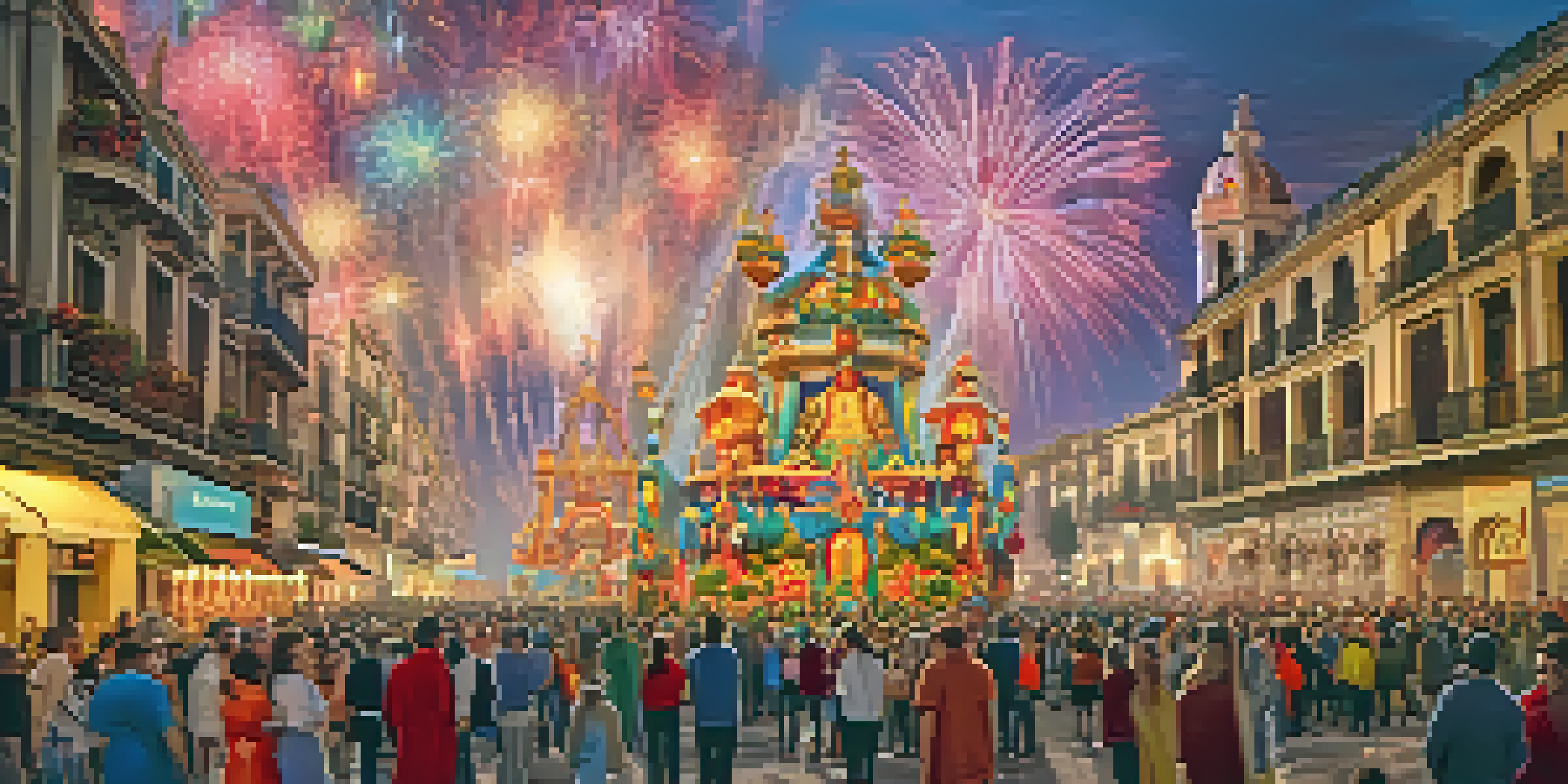 A lively street in Valencia during the Las Fallas festival, featuring large, colorful sculptures and fireworks lighting up the sky.