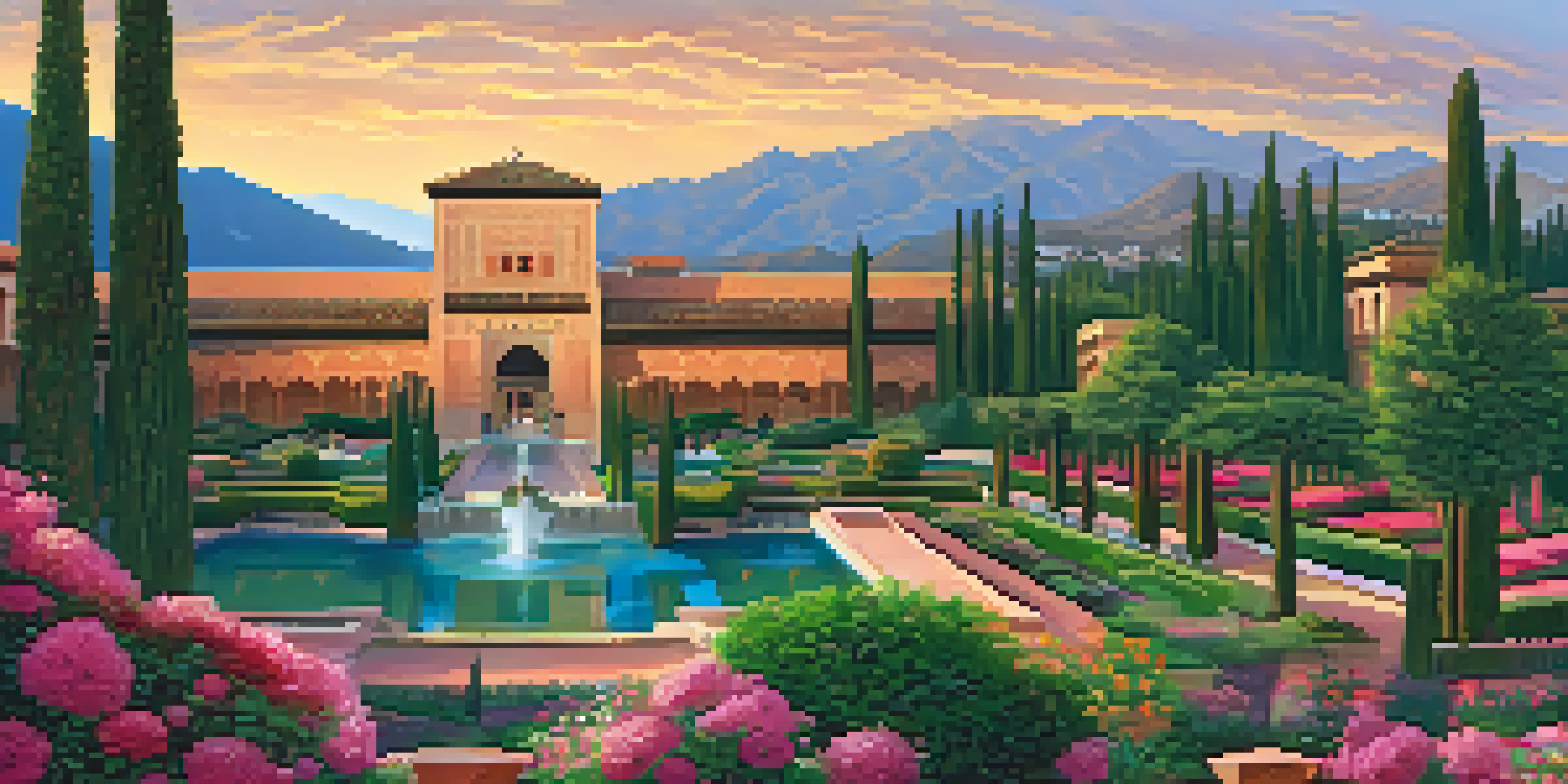 A scenic view of The Alhambra illuminated by sunset, surrounded by colorful gardens and mountains in the background.