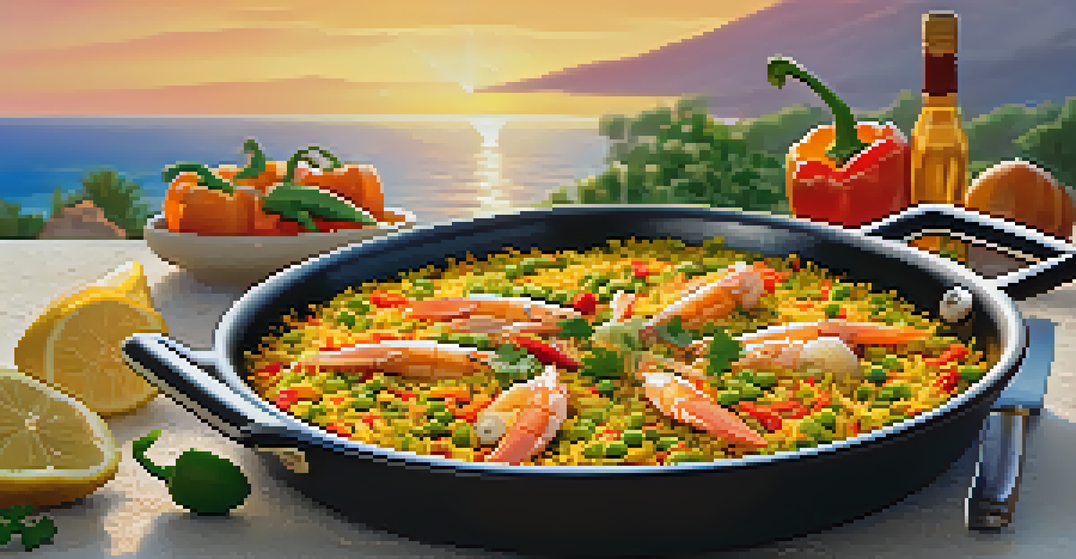 A vibrant paella dish with saffron rice, seafood, and vegetables, served in a traditional pan outdoors at sunset.