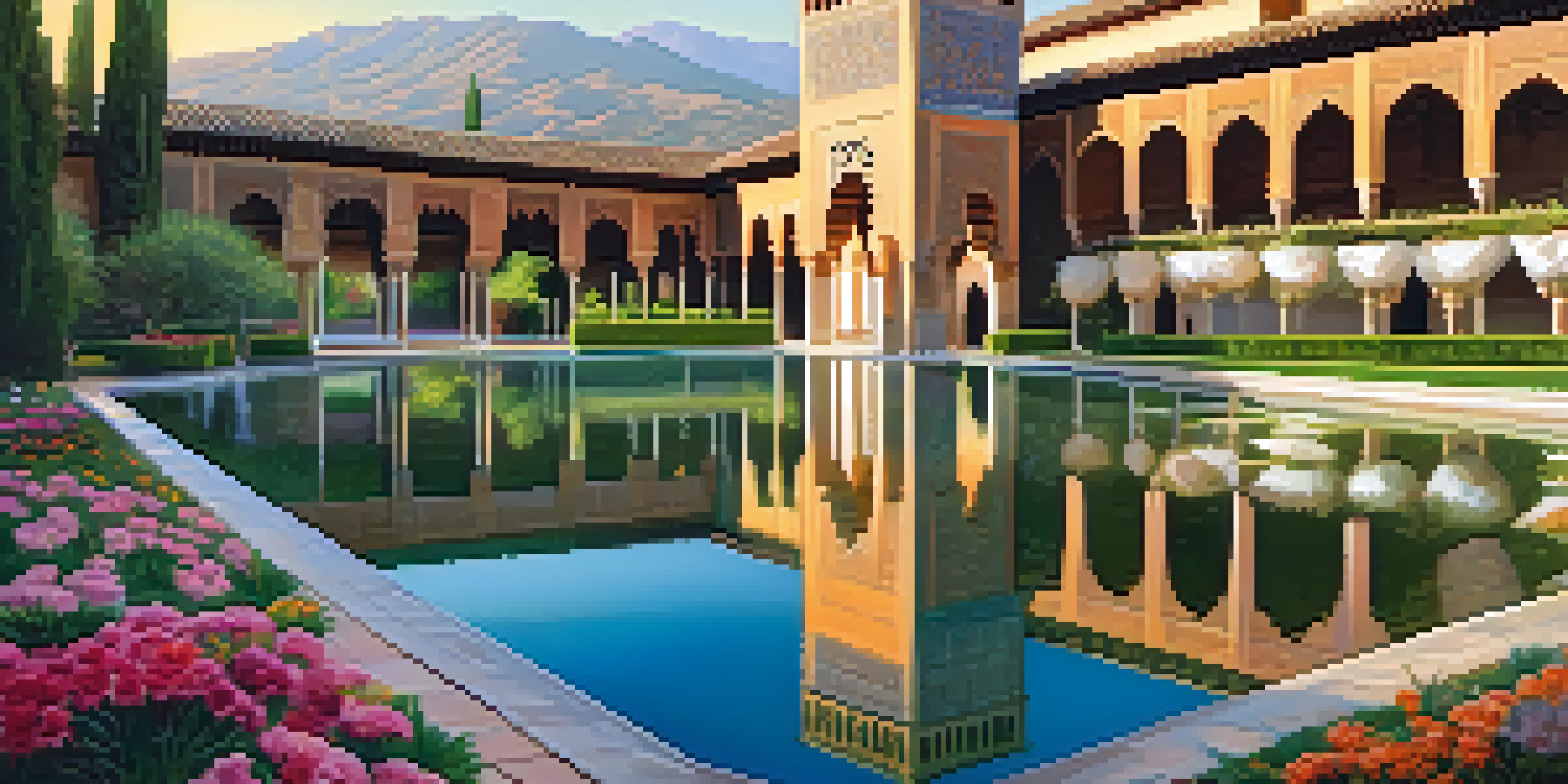 A picturesque view of the Alhambra palace surrounded by gardens with intricate Moorish architecture.