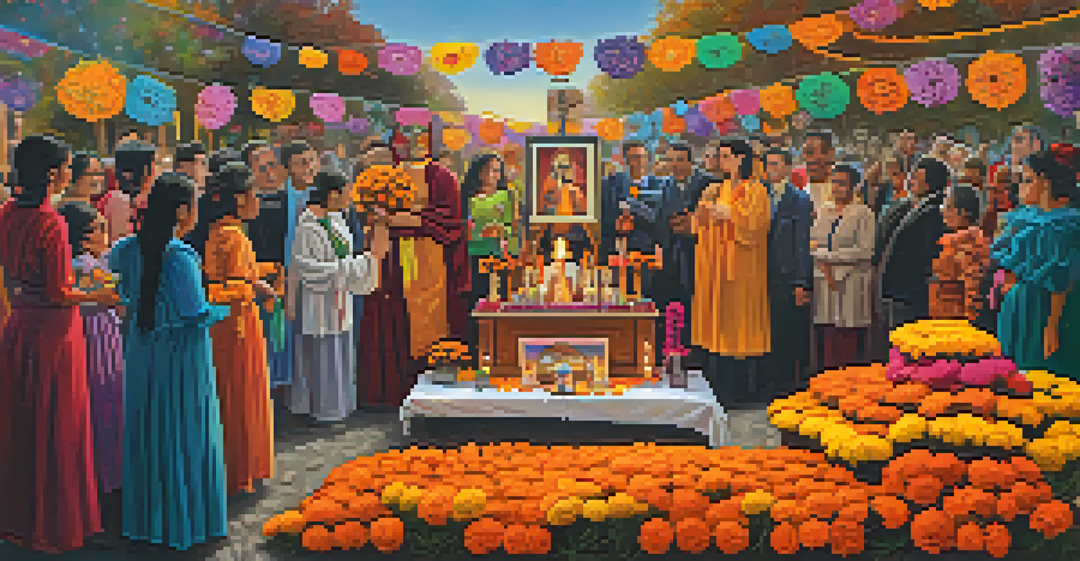 A festive Día de los Muertos scene with people celebrating around an altar, featuring a figure dressed as La Llorona.