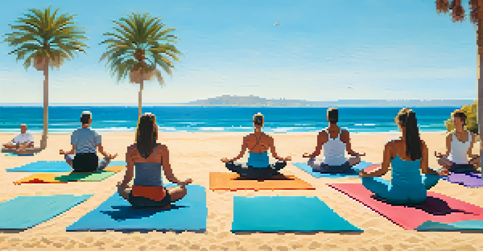 Individuals practicing yoga on colorful mats on a sandy beach with clear blue skies and turquoise sea in the background.