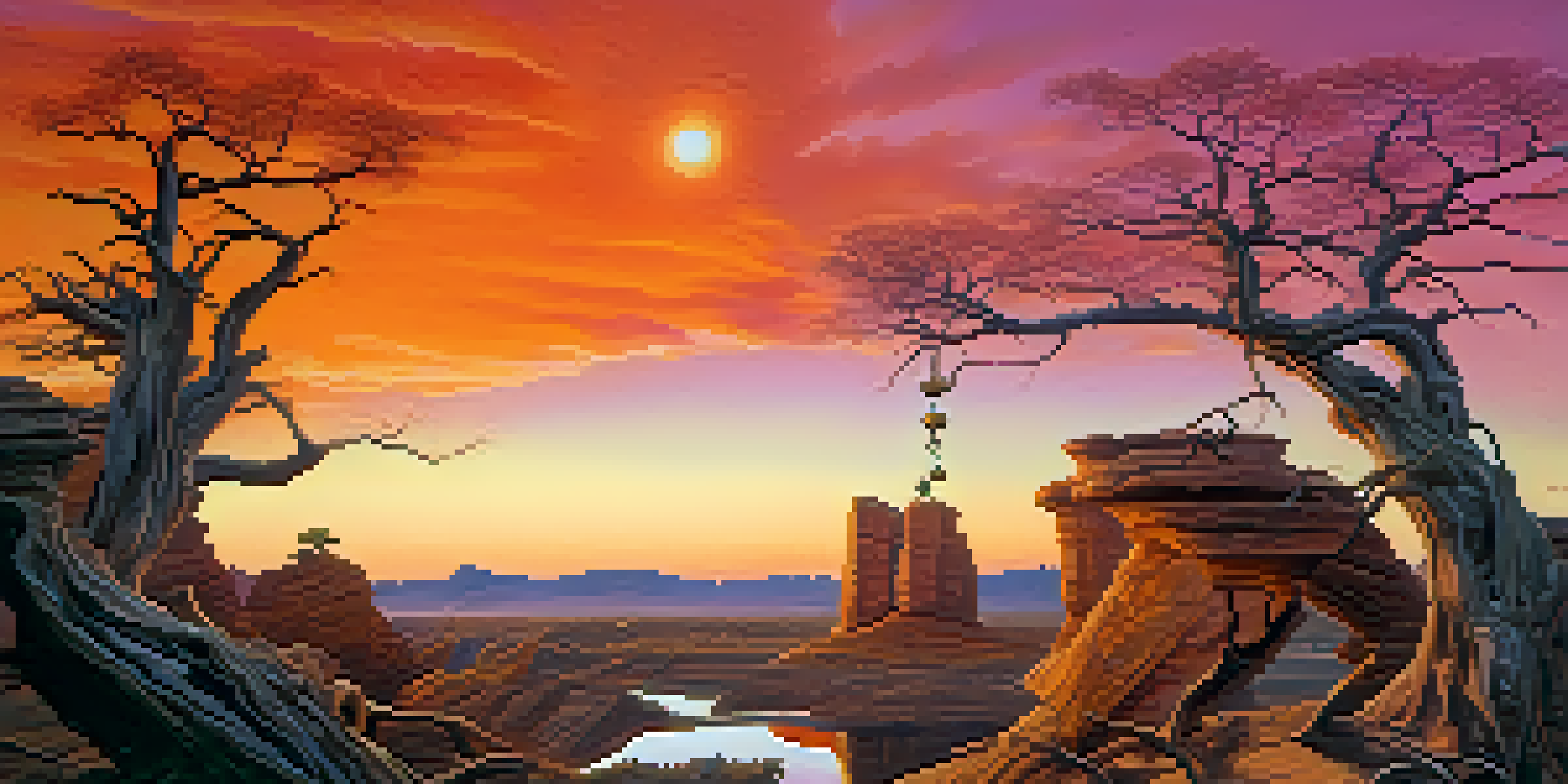 A surreal landscape with melting clocks hanging from tree branches under a colorful sunset.