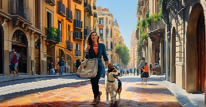A woman walking her dog in the vibrant streets of Barcelona, with colorful buildings and cafes around.