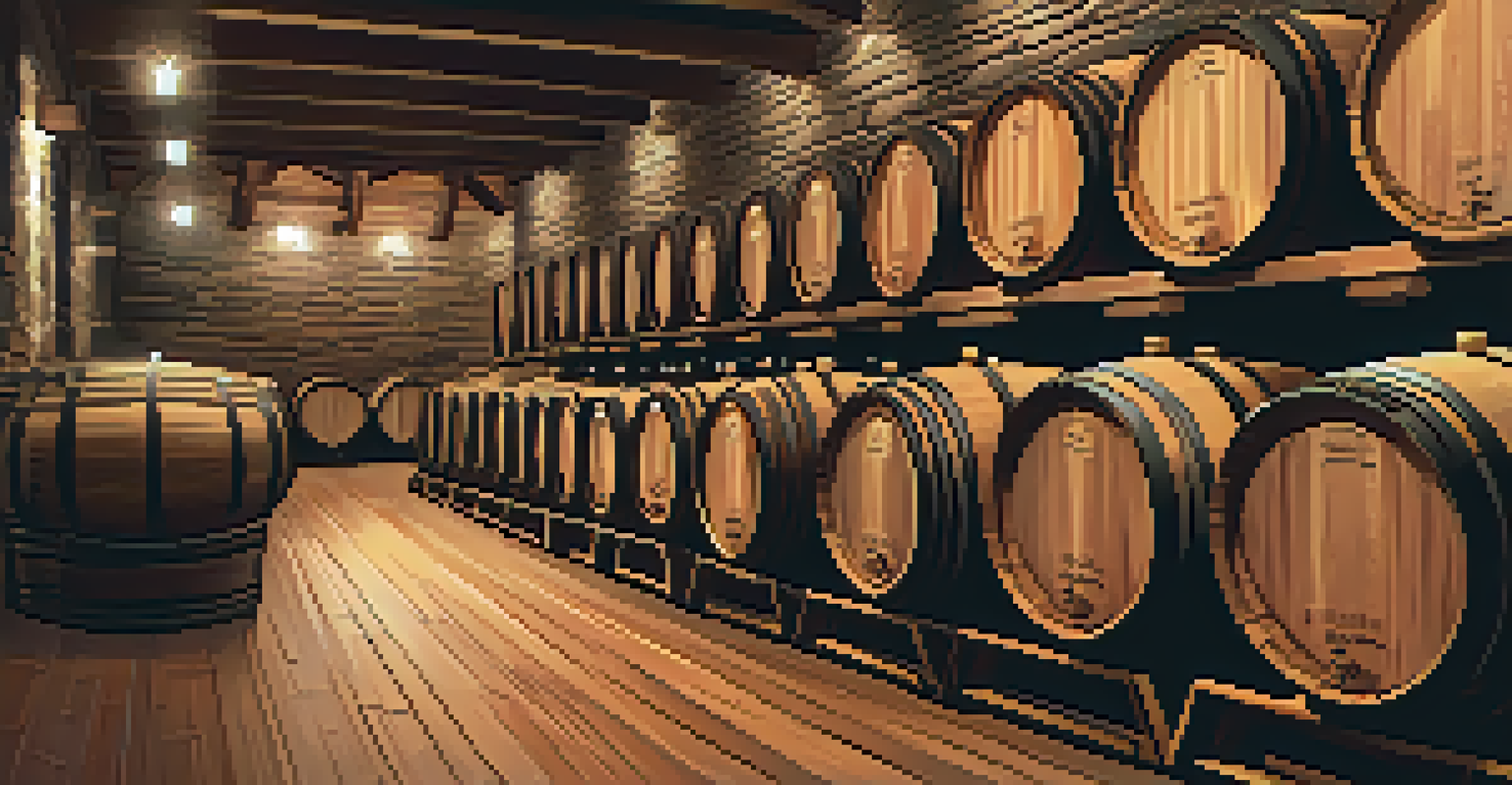 Interior of a barrel room filled with oak barrels, featuring warm wood tones and soft lighting.