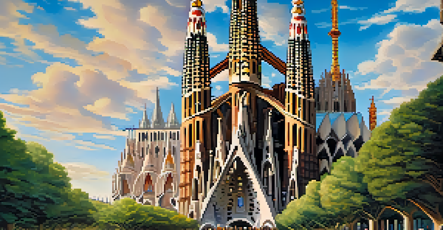 Sagrada Familia basilica with colorful stained glass and towering spires surrounded by greenery.