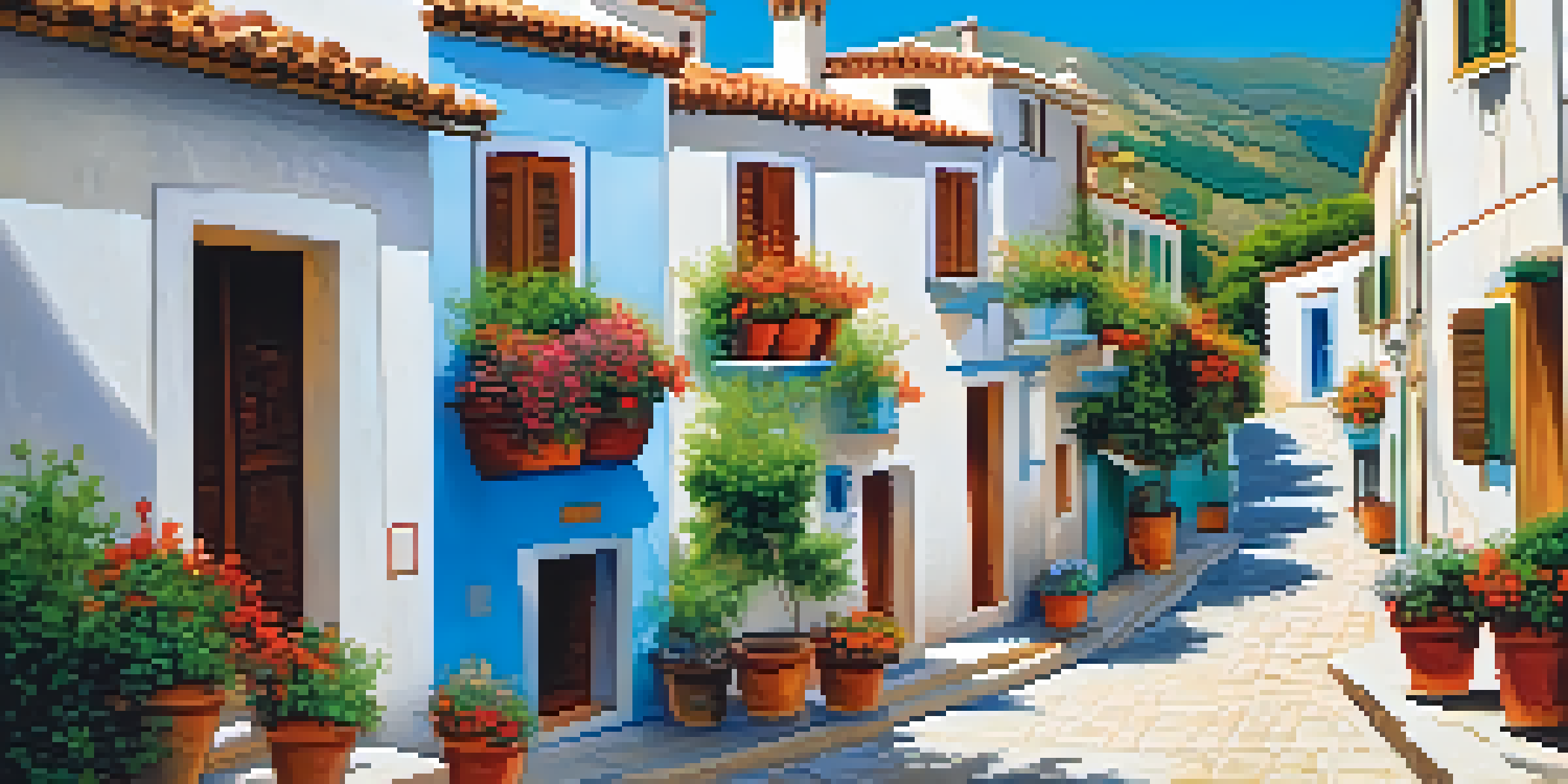 A traditional Spanish village with whitewashed buildings and colorful flowers, set against green hills under a blue sky.
