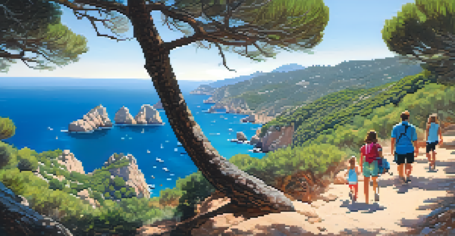 A family enjoying a picnic on a coastal hiking trail in Costa Brava, with views of the Mediterranean Sea.