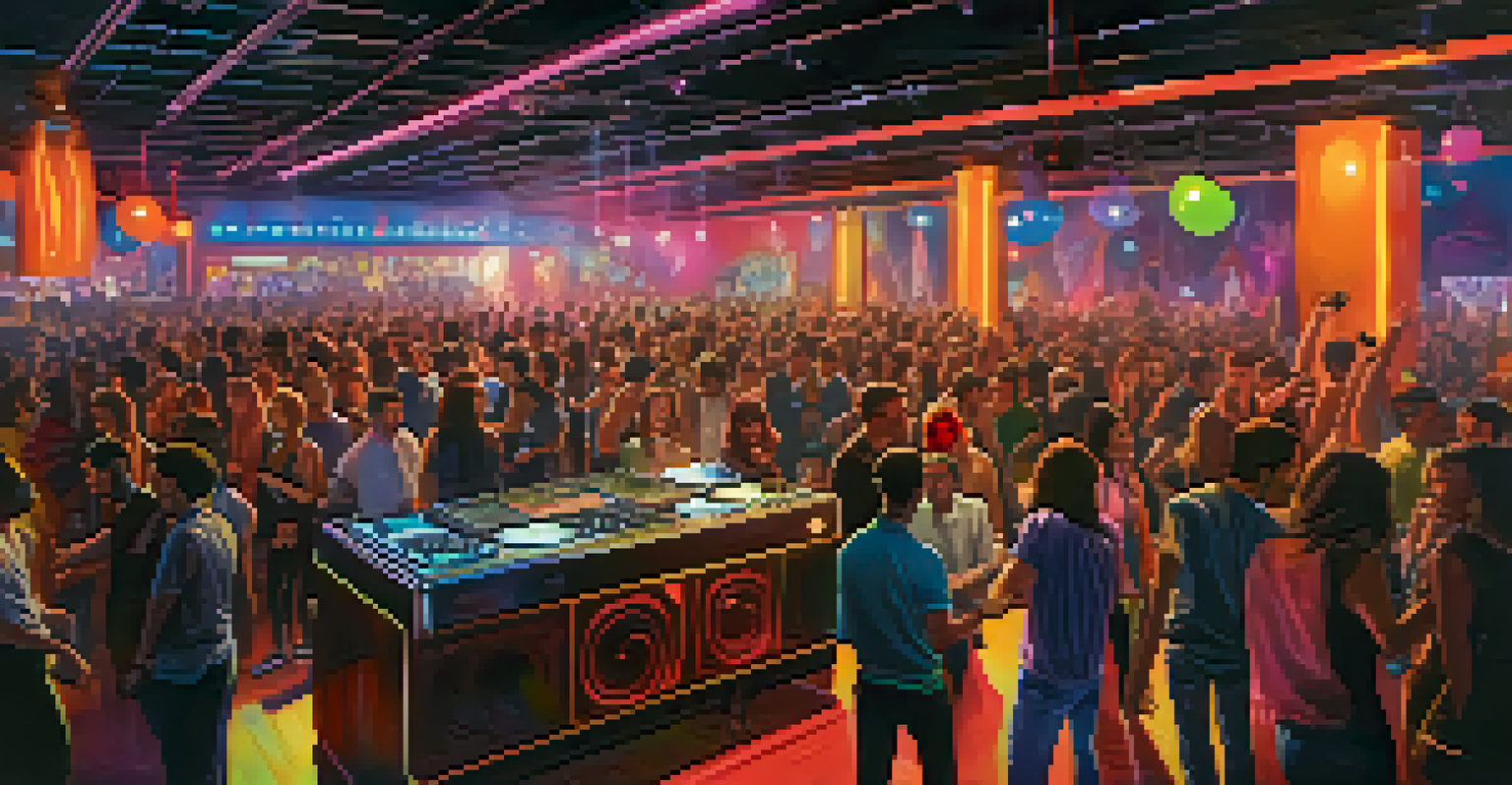 A lively club scene in Bilbao with a packed dance floor, people dancing to electronic music, colorful lights, and a DJ booth, reflecting the energetic nightlife.