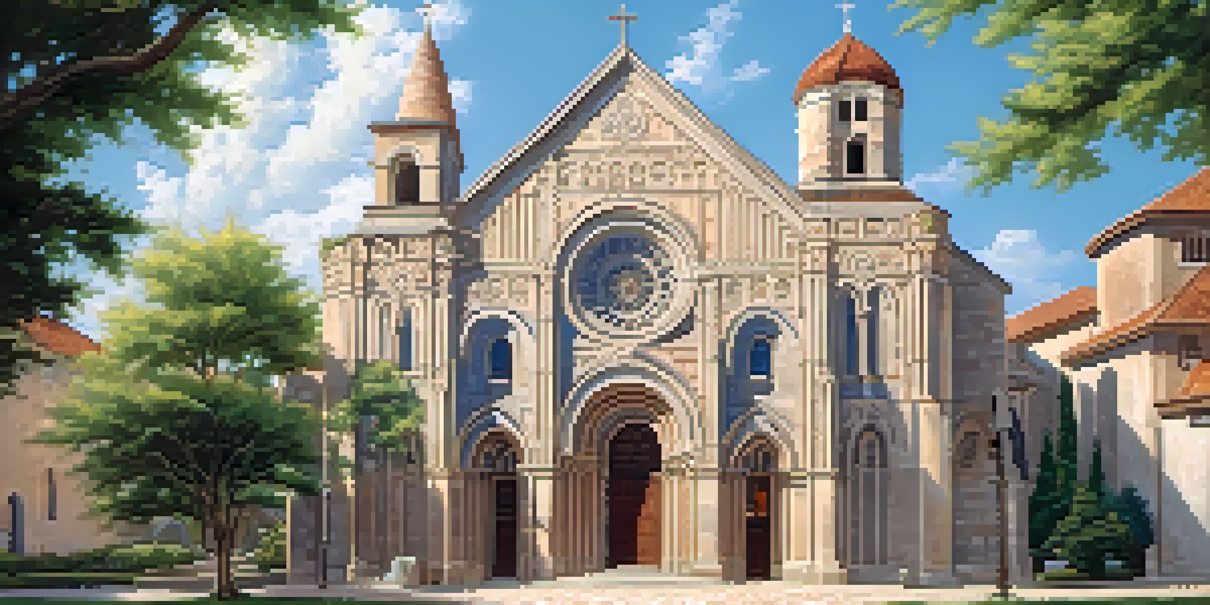 A Romanesque church with rounded arches and detailed stone carvings under a blue sky, surrounded by greenery and a cobblestone path.
