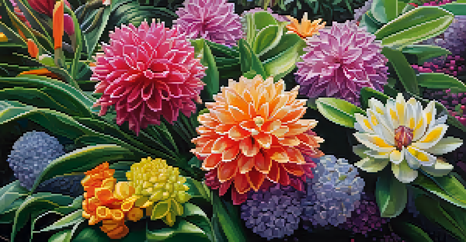 A close-up of colorful flowers in the Royal Botanic Garden, highlighting the intricate details of petals and leaves with morning dew.