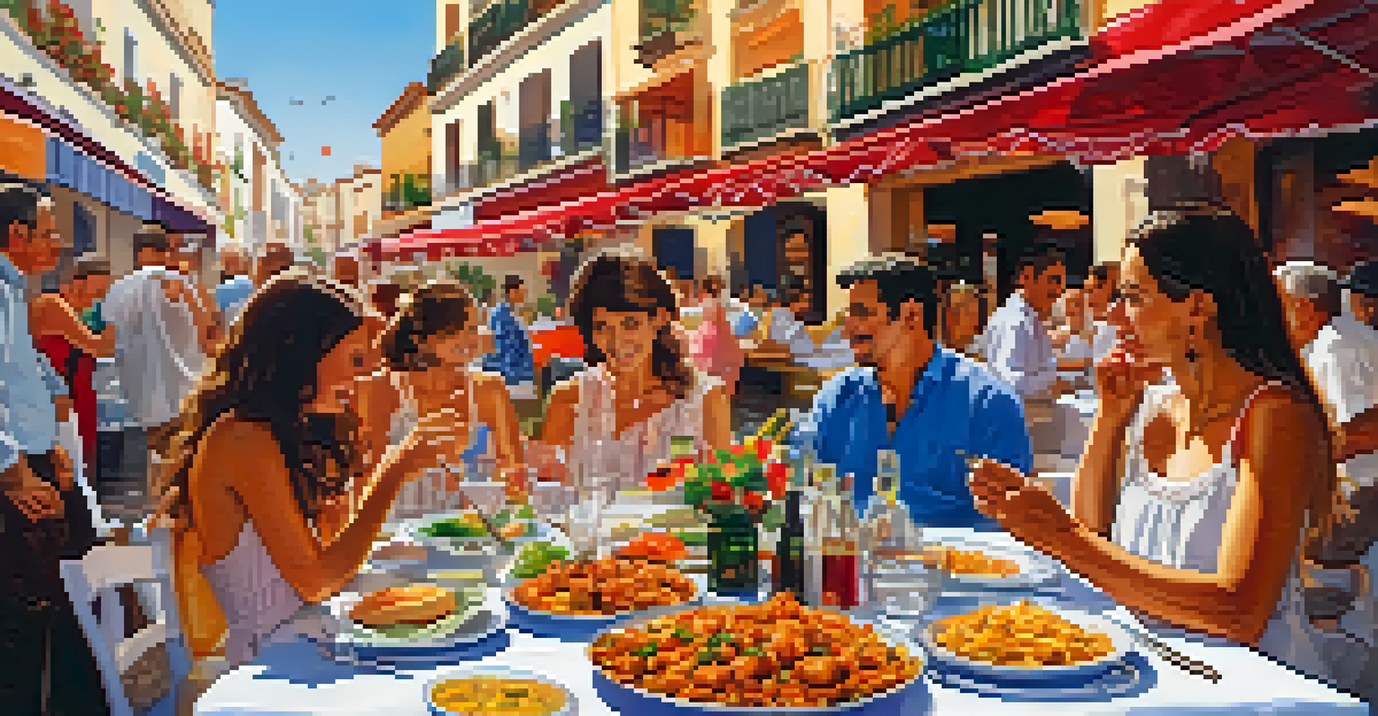 A table laden with traditional Andalusian dishes at a festive gathering, surrounded by happy families.