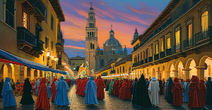 A solemn procession during Semana Santa in Seville, with participants in traditional attire and illuminated floats.