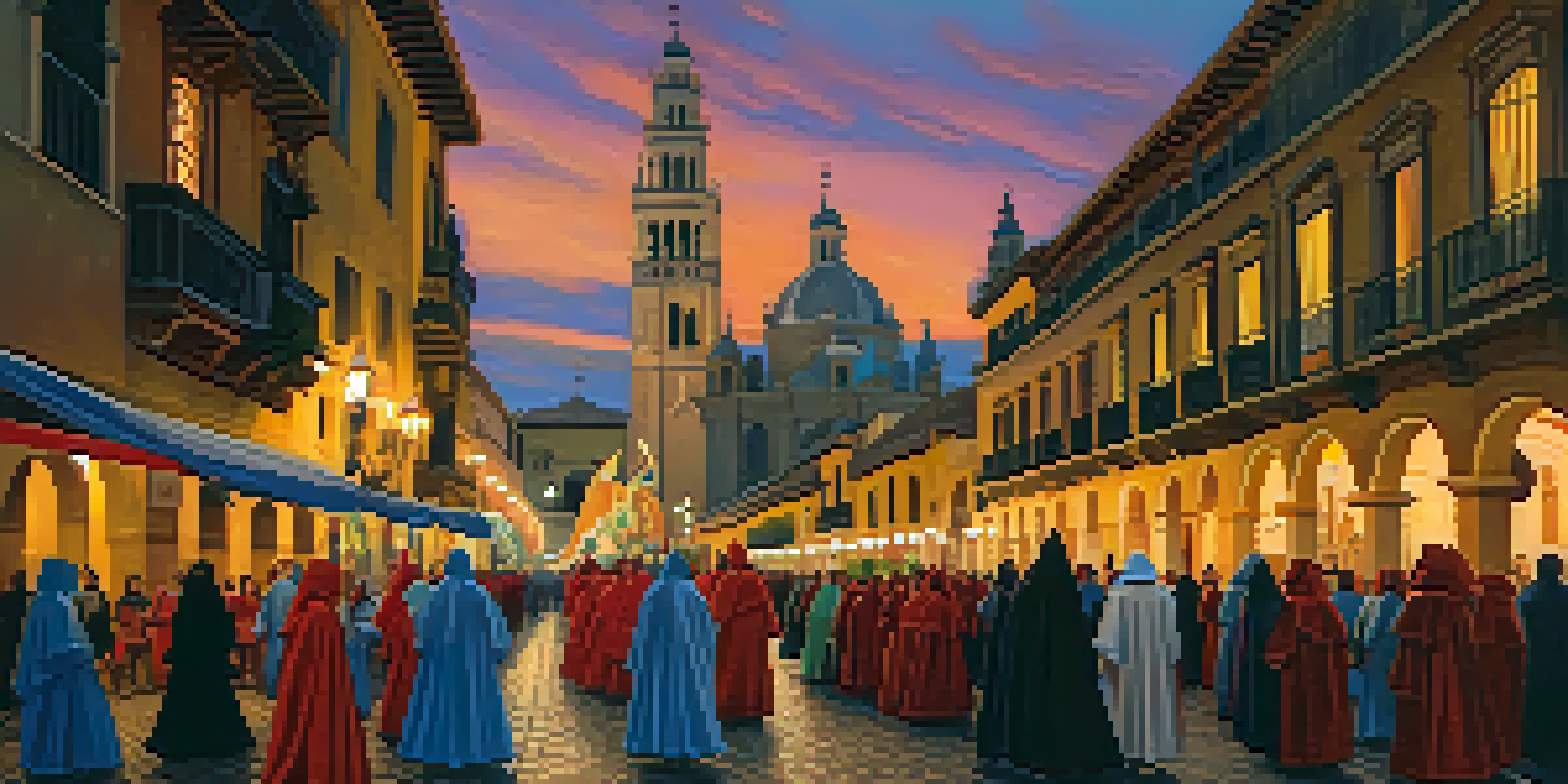 A solemn procession during Semana Santa in Seville, with participants in traditional attire and illuminated floats.