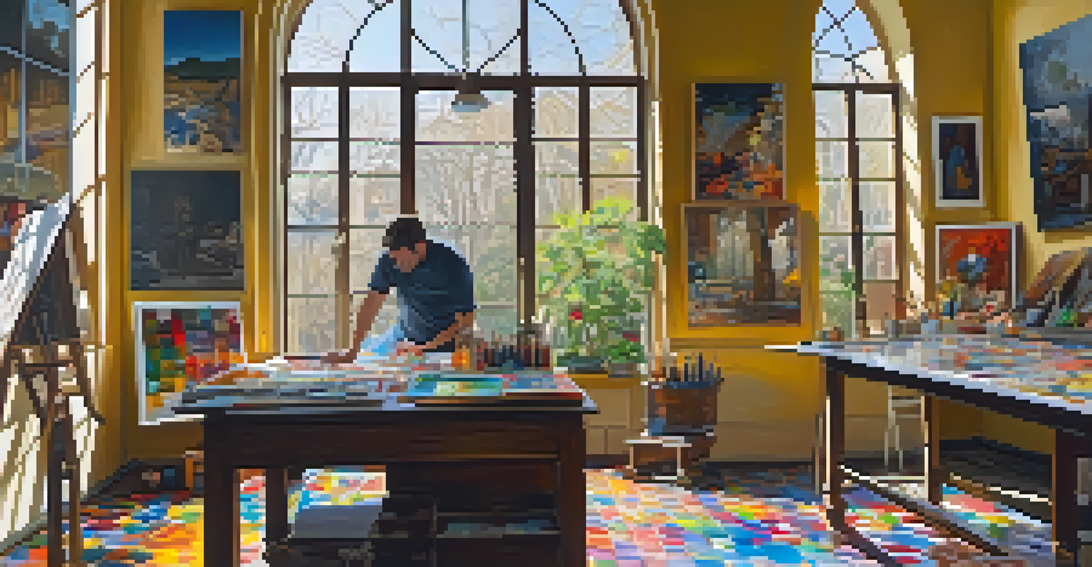 An artist working in a colorful workshop within a gallery, with art supplies and unfinished canvases around, illuminated by sunlight.