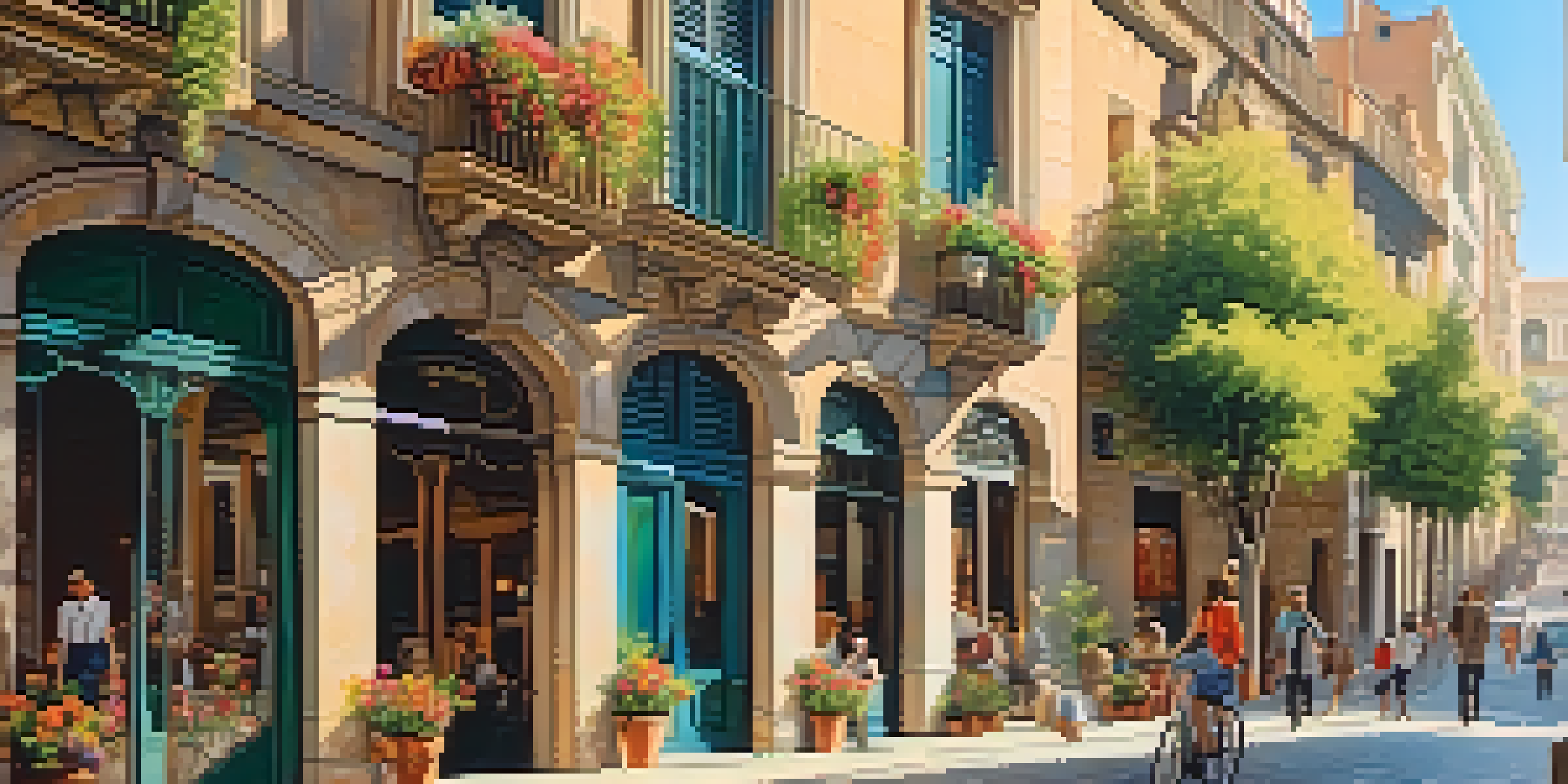 A colorful street in Barcelona with vibrant buildings and flowers, bathed in warm afternoon sunlight.
