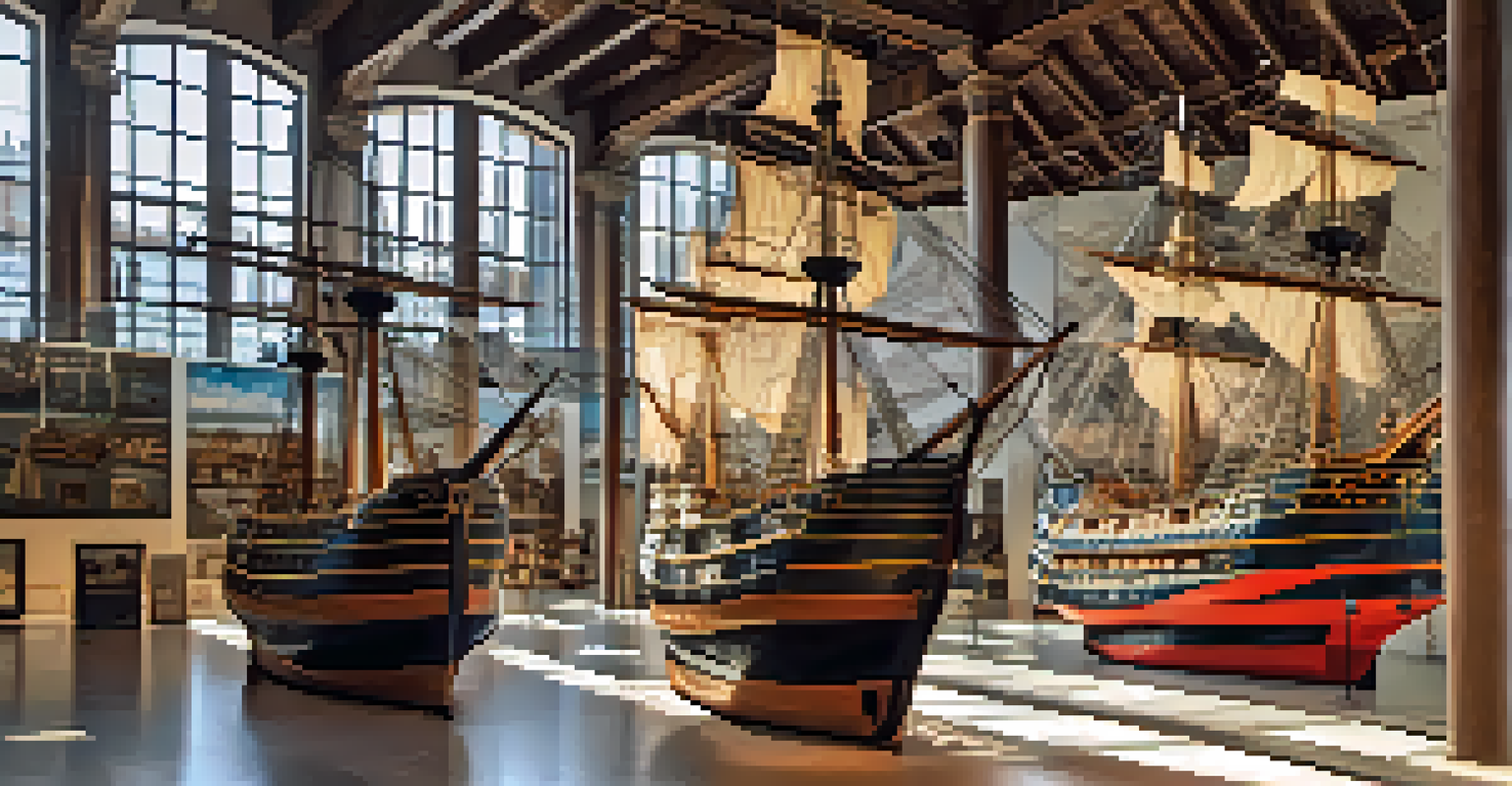 Exhibit inside the Museu Marítim de Barcelona with ship models and navigational instruments.