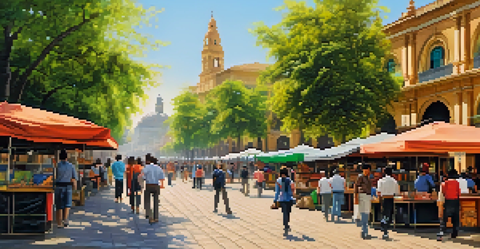 A busy plaza in Santiago, Chile, with colorful buildings, people, and book vendors under soft afternoon light.