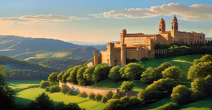 A historic Spanish castle or cathedral surrounded by green hills and warm sunlight, with soft clouds in a blue sky.