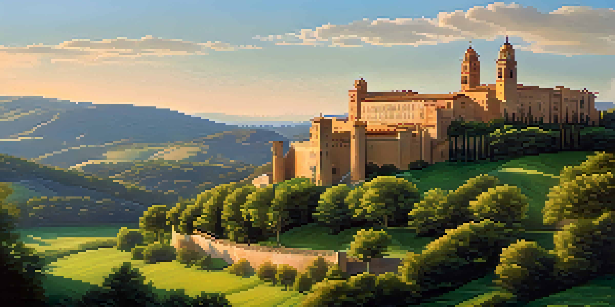 A historic Spanish castle or cathedral surrounded by green hills and warm sunlight, with soft clouds in a blue sky.