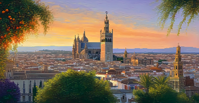 A picturesque sunset view of Seville Cathedral with its bell tower and lush greenery in the foreground.