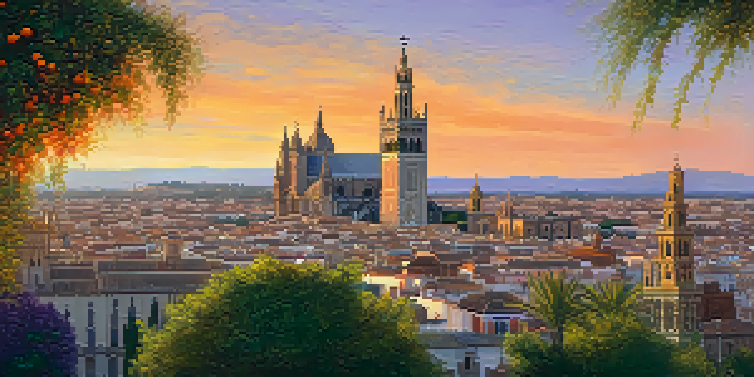 A picturesque sunset view of Seville Cathedral with its bell tower and lush greenery in the foreground.
