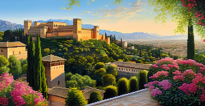 A beautiful landscape of the Alhambra palace in Granada, highlighting its architectural details and gardens during sunset.