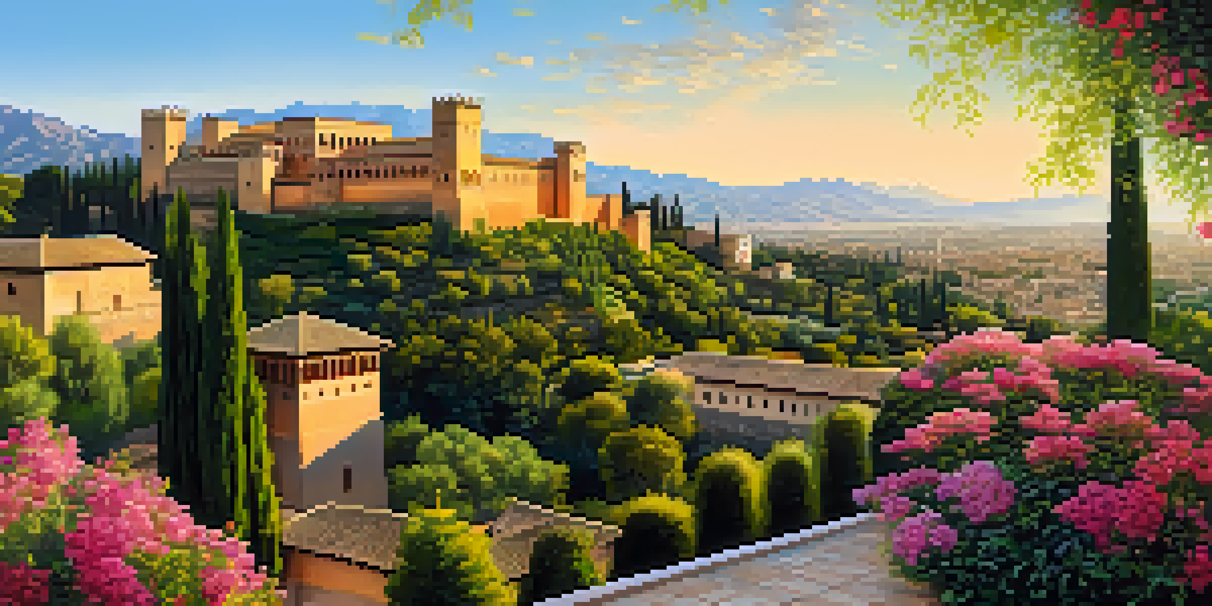 A beautiful landscape of the Alhambra palace in Granada, highlighting its architectural details and gardens during sunset.