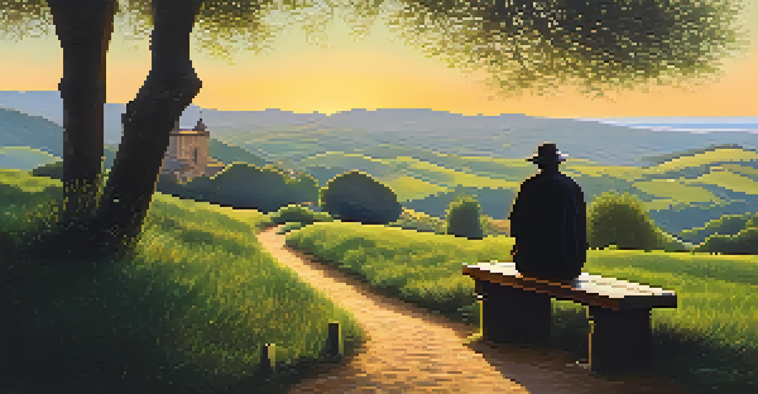 A lone pilgrim resting on a bench during sunset on the Camino de Santiago, surrounded by nature.