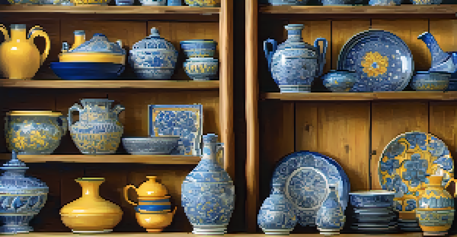 A Talavera ceramic piece with intricate blue and yellow patterns displayed on wooden shelves filled with pottery.