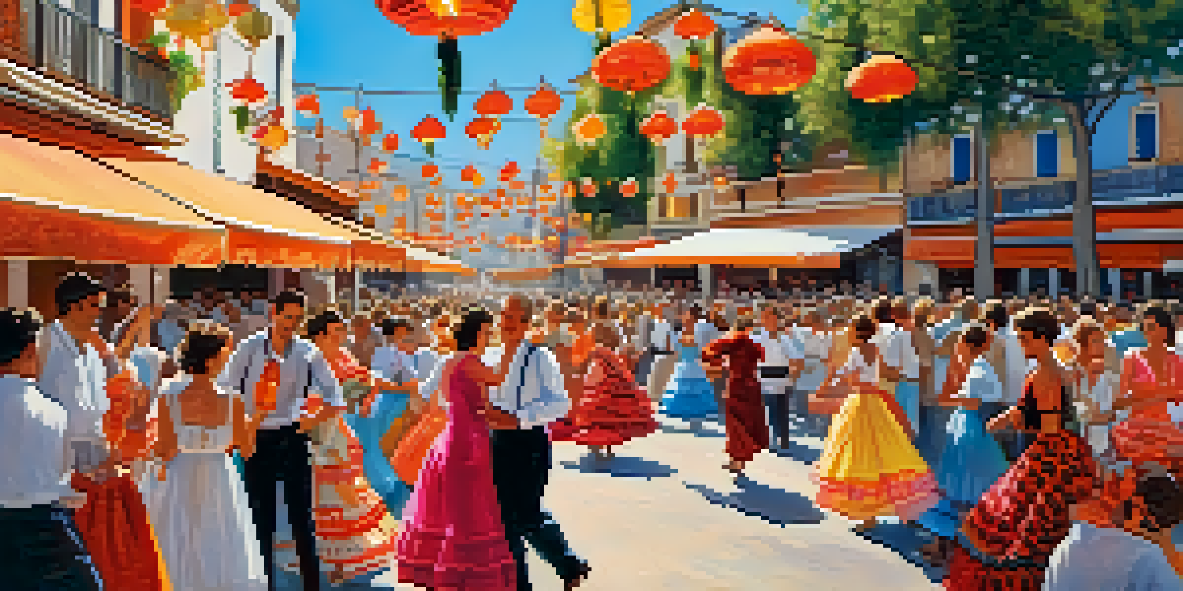 A lively festival scene at Feria de Abril with colorful tents and people dressed in traditional costumes, enjoying food and dancing.
