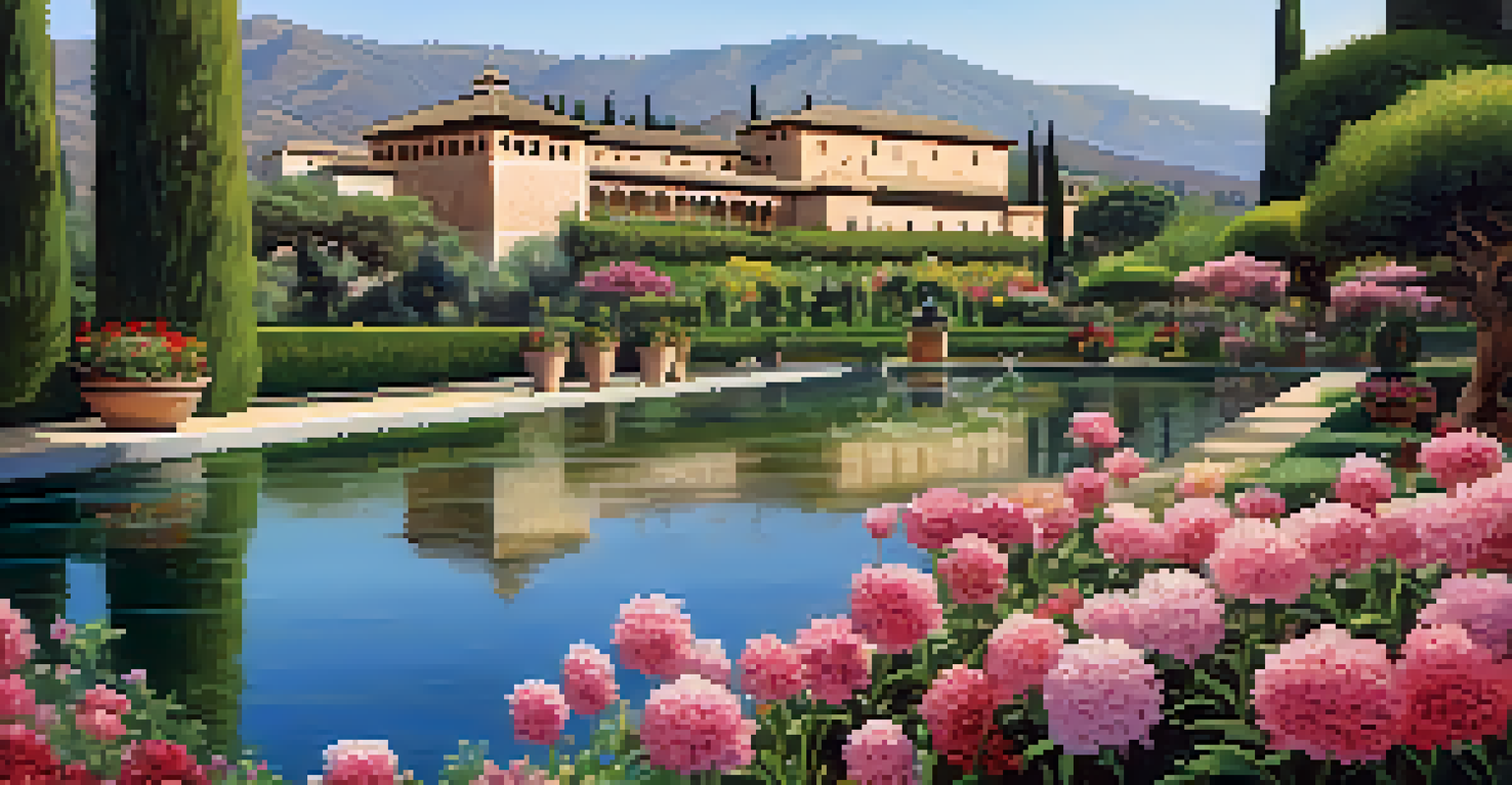 The Generalife gardens at the Alhambra, featuring terraced landscapes and tranquil water features.