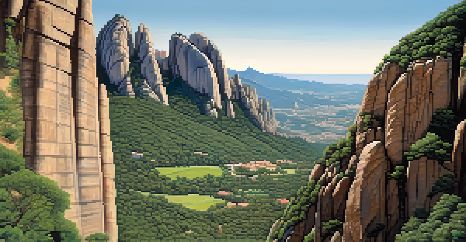 A climber ascending the unique rock formations of Montserrat, with a monastery in the background.
