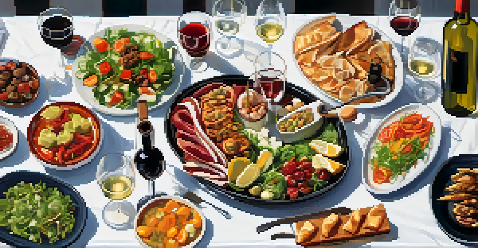 An overhead view of a tapas spread with pintxos, montaditos, salads, and a bottle of wine on a white tablecloth.