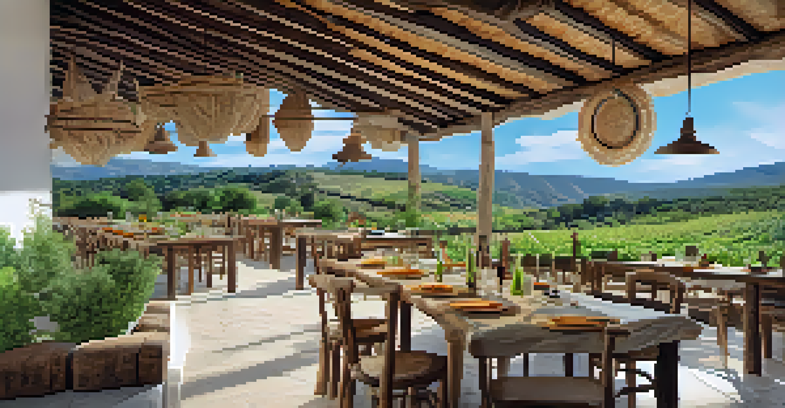 An outdoor dining area with rustic tables and organic food, set against a beautiful natural landscape.