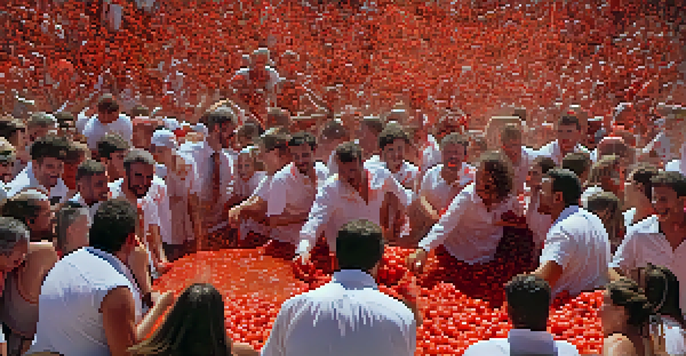 Participants at La Tomatina festival throwing tomatoes at each other, creating a colorful and lively atmosphere.