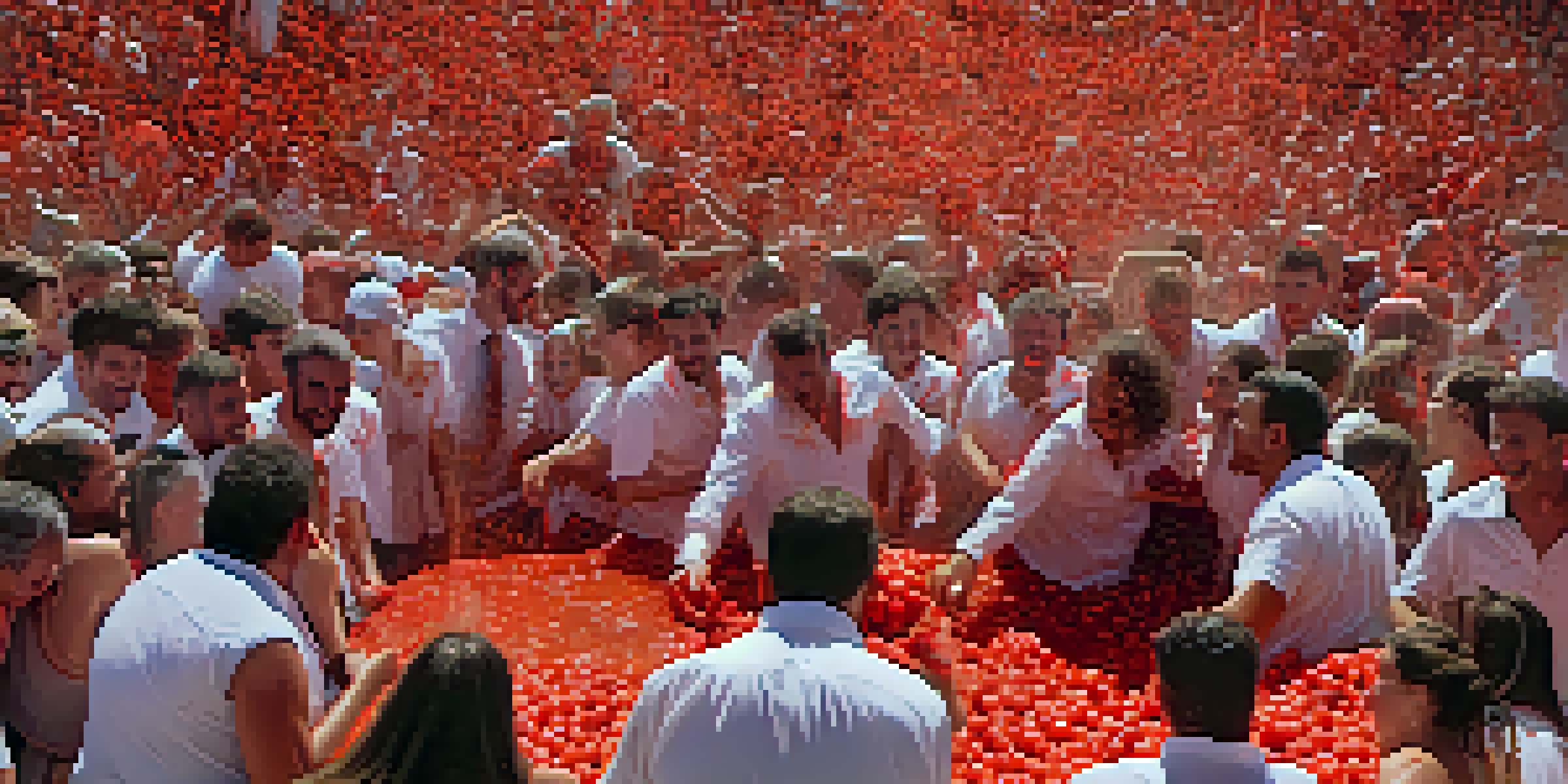 Participants at La Tomatina festival throwing tomatoes at each other, creating a colorful and lively atmosphere.