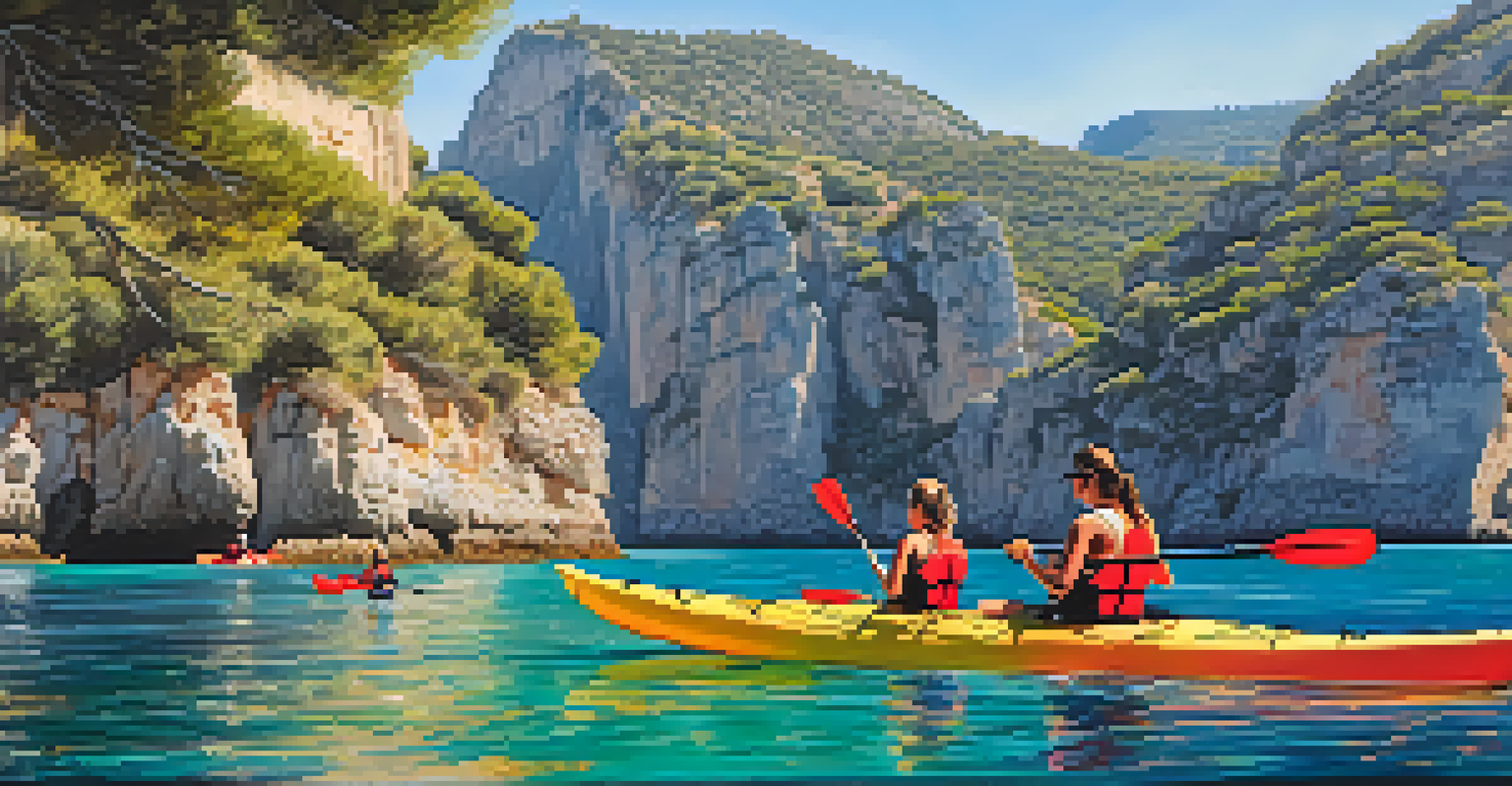 A family kayaking in crystal-clear waters along the Mediterranean coastline in Mallorca with cliffs in the background.