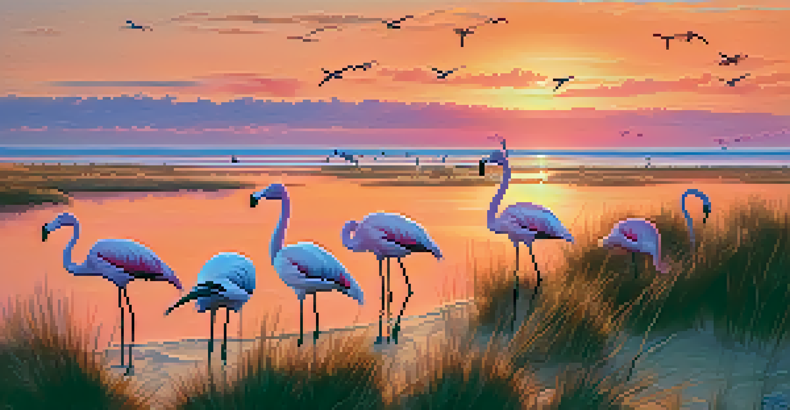 A coastal scene in Doñana National Park featuring a sandy beach, flamingos, and a vibrant sunset sky.