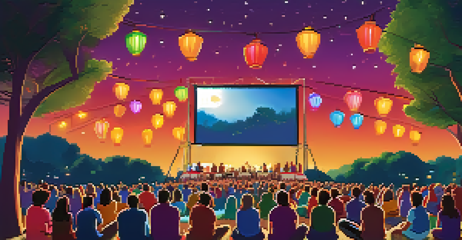 An outdoor film festival in Spain with a large screen and a diverse audience enjoying a movie under the stars.