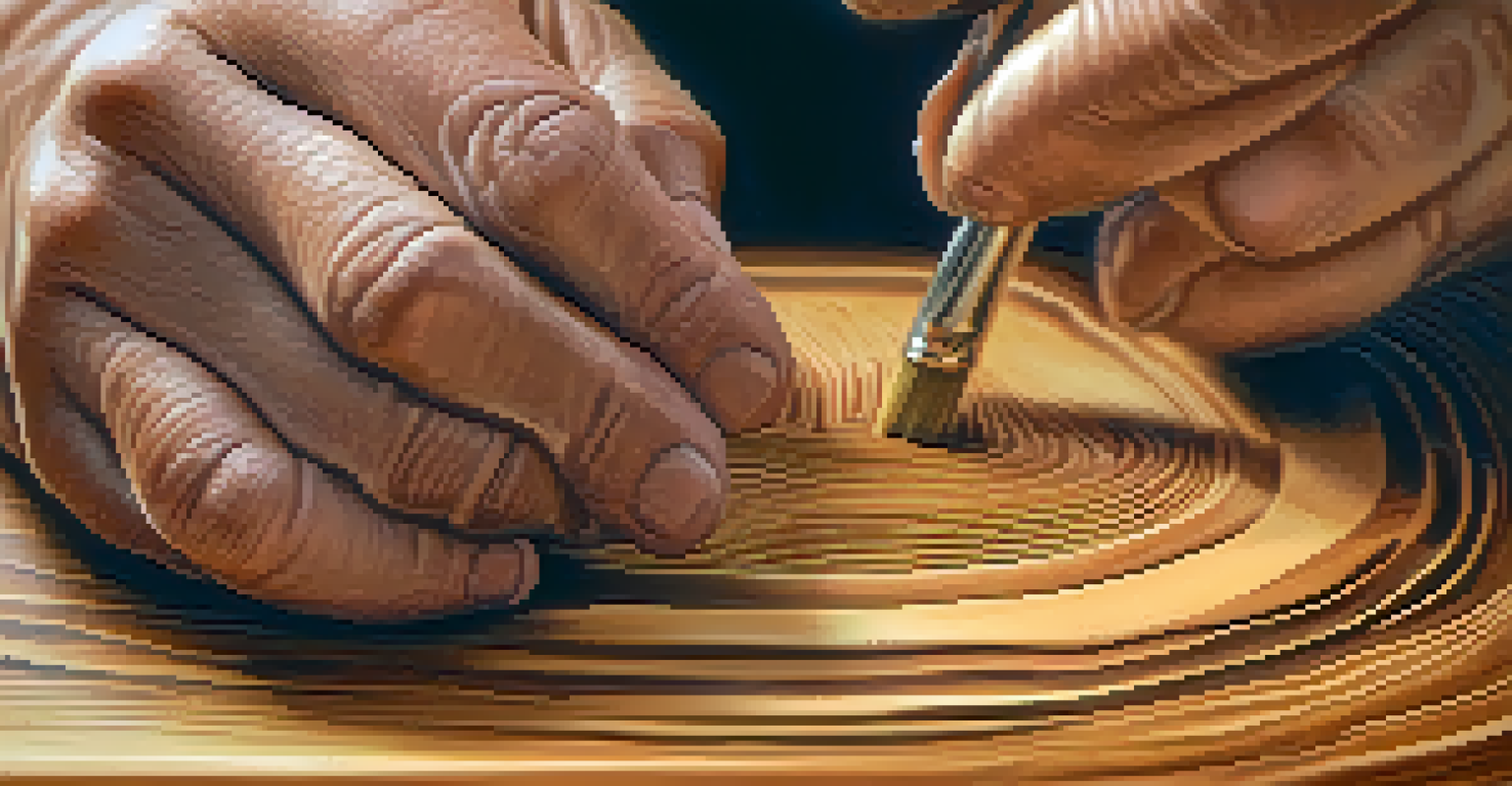 A close-up of hands sanding a wooden souvenir, showcasing the texture and craftsmanship involved in the woodworking process.
