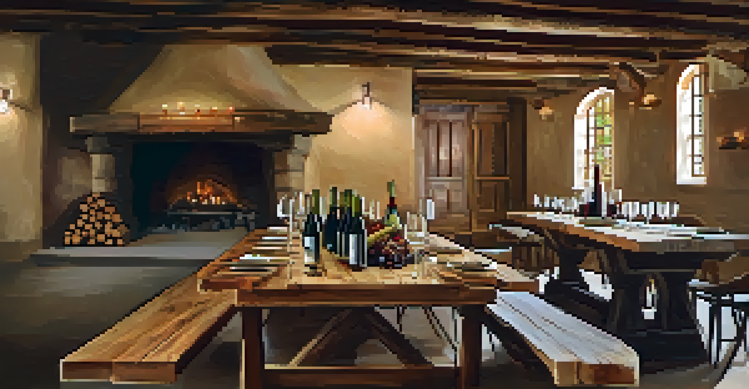 A cozy wine tasting scene with red wine and local dishes in a rustic winery.