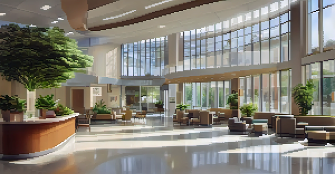 A modern hospital reception in Spain, featuring large windows, comfortable seating, and staff welcoming patients.