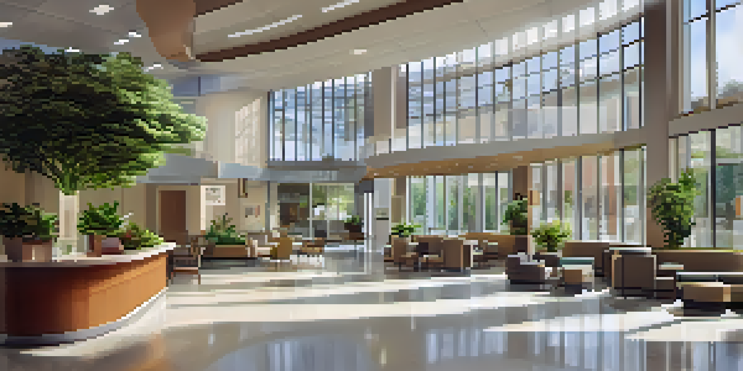 A modern hospital reception in Spain, featuring large windows, comfortable seating, and staff welcoming patients.