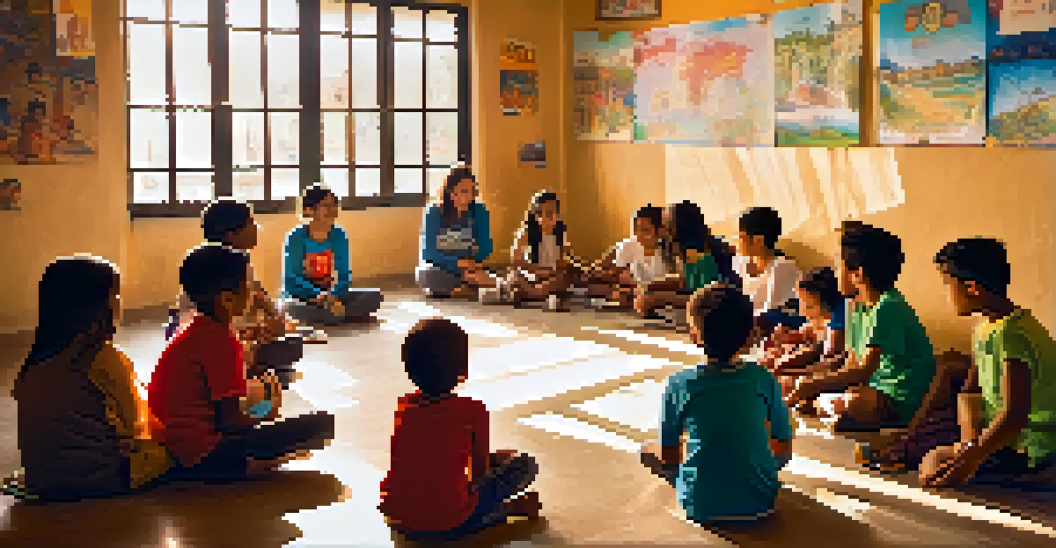 A volunteer teaching English to local children in a rustic community center in Andalusia, Spain, with colorful drawings on the walls and sunlight streaming in.