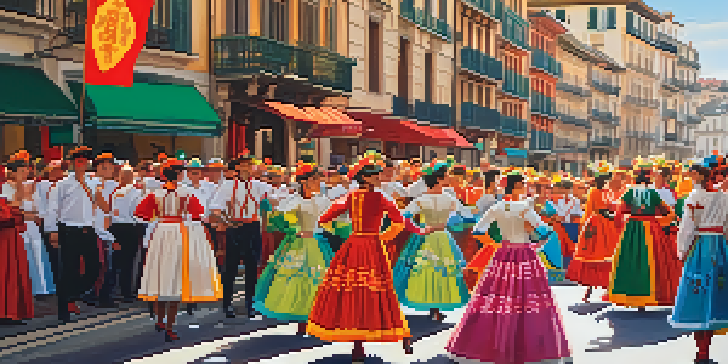 A lively street parade showcasing dancers in colorful traditional Basque outfits, surrounded by musicians and festive decorations under bright sunlight.