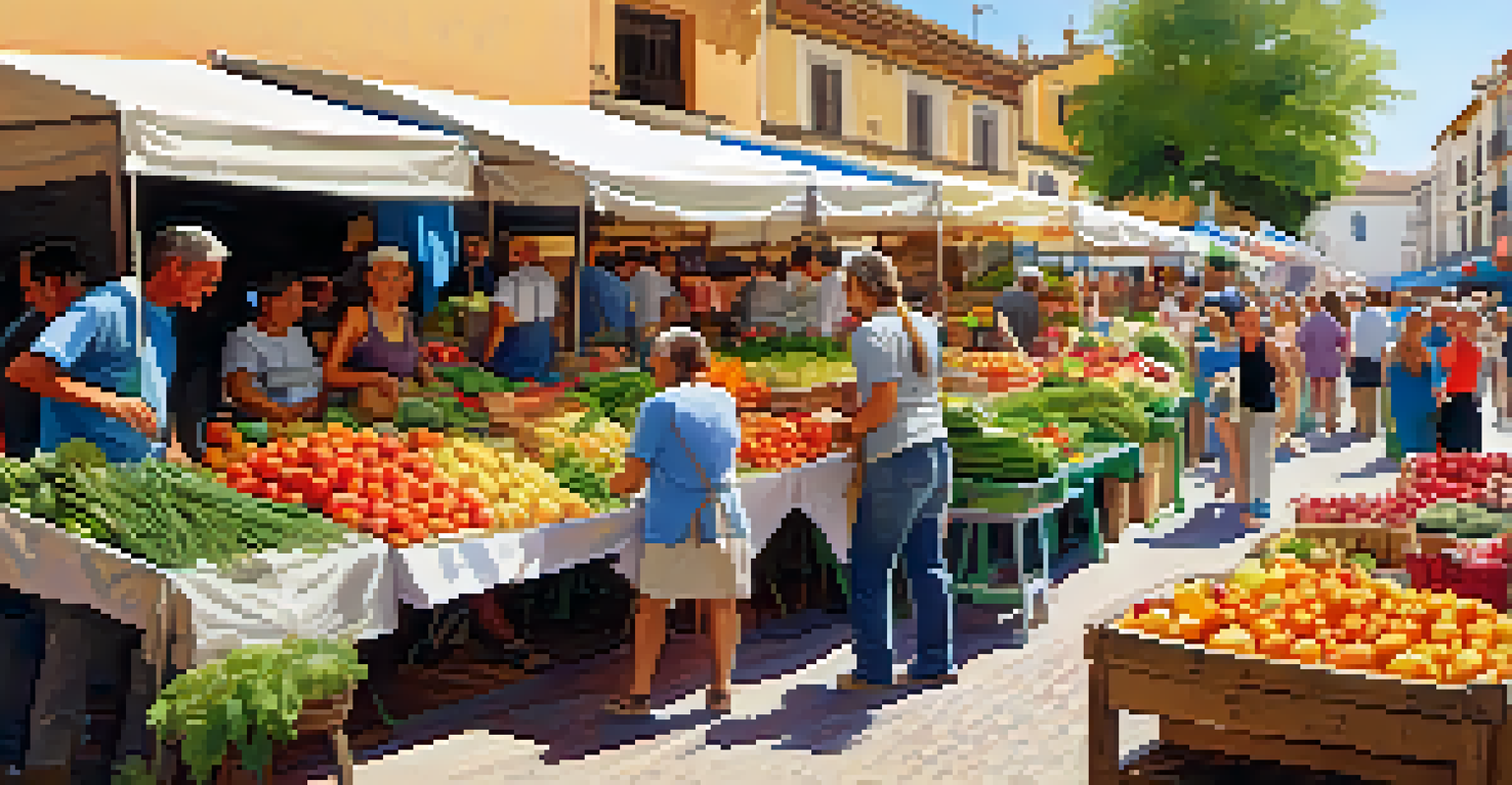 A lively farmers' market in a Spanish town with colorful stalls of fresh produce and shoppers interacting with local farmers.