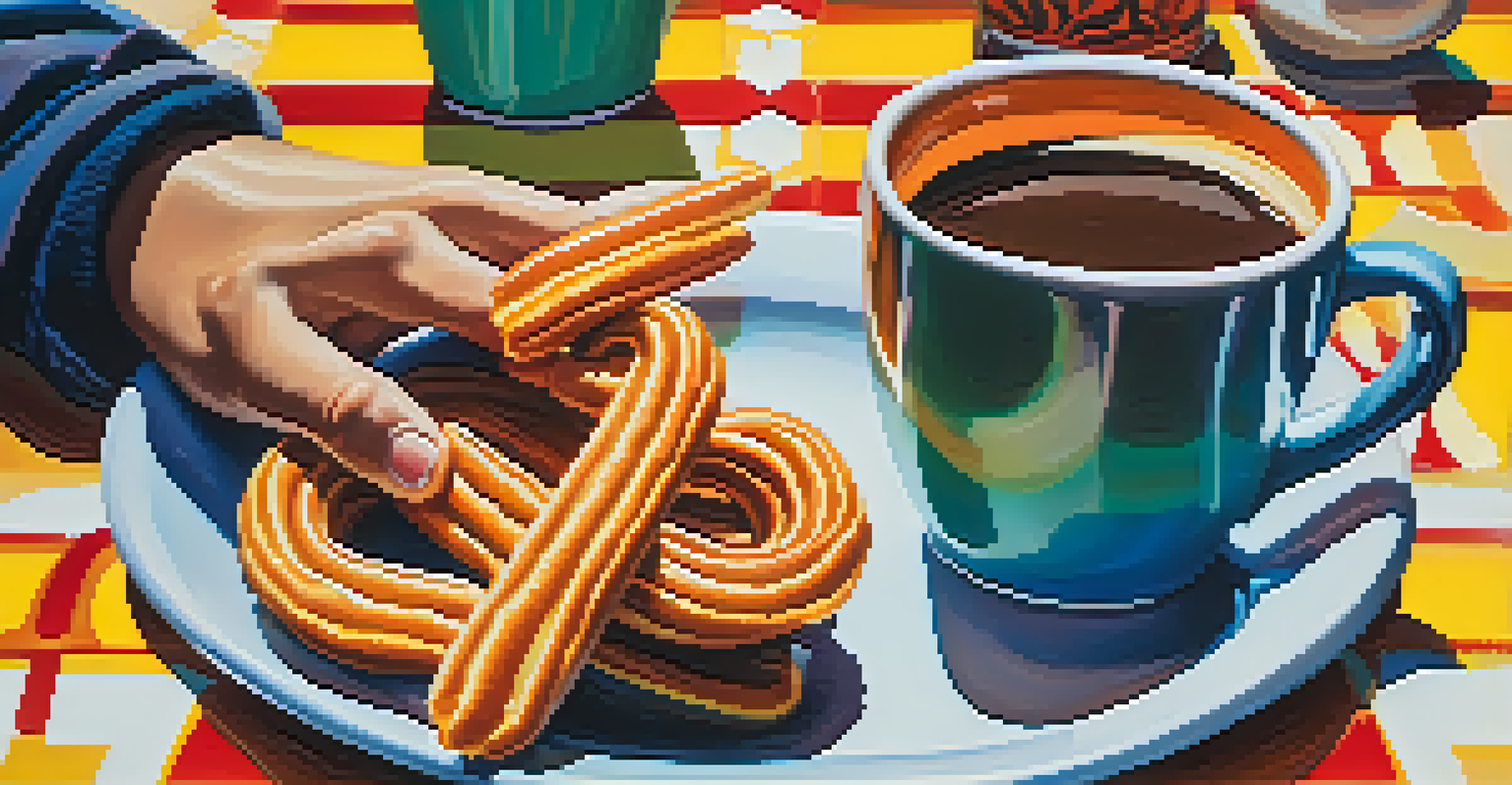 Hands gesturing expressively during a lively conversation in a Spanish cafe, with churros and hot chocolate on the table.