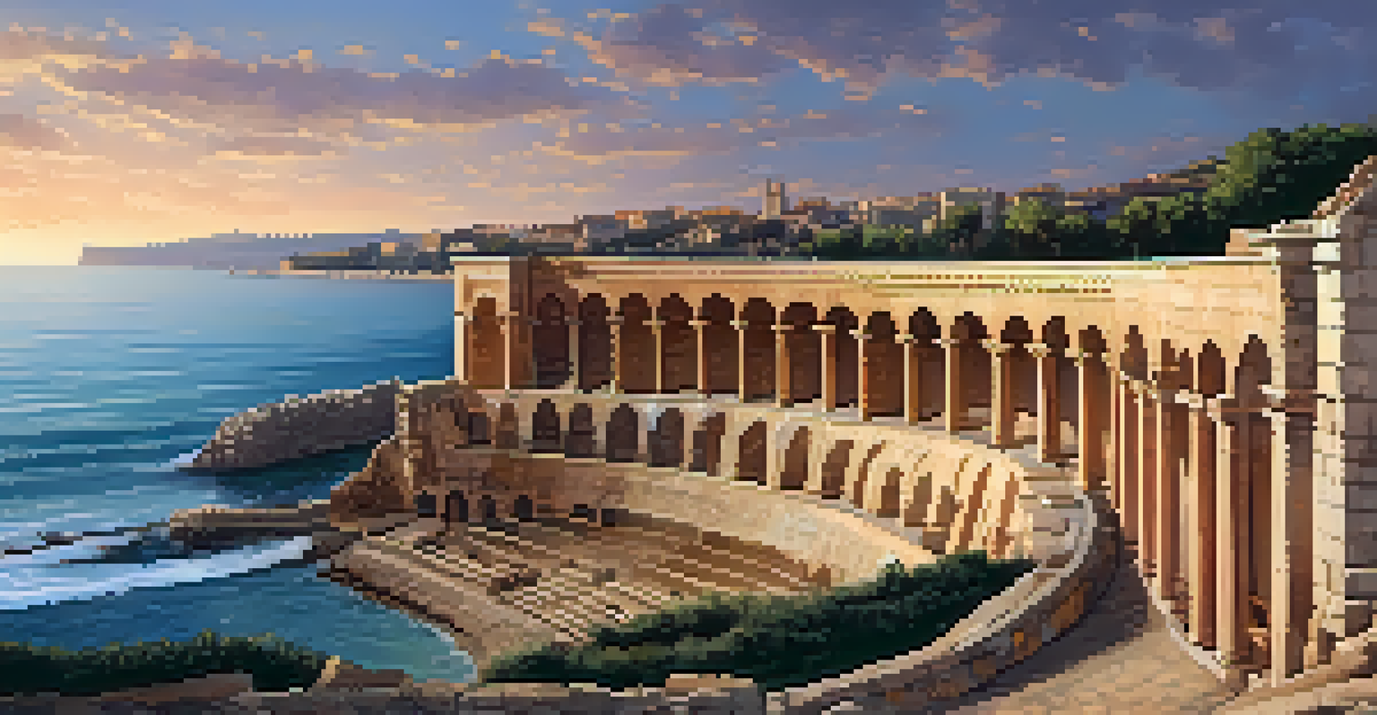 The Roman amphitheater in Tarragona with the Mediterranean Sea in the background during sunset.